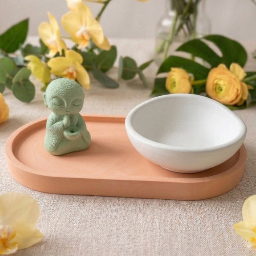 PACK ZEN + CUENCO | Bandeja Ovalada, Figura Buda y Cuenco en Yeso Cerámico