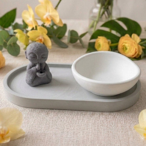 PACK ZEN + CUENCO | Bandeja Ovalada, Figura Buda y Cuenco en Yeso Cerámico